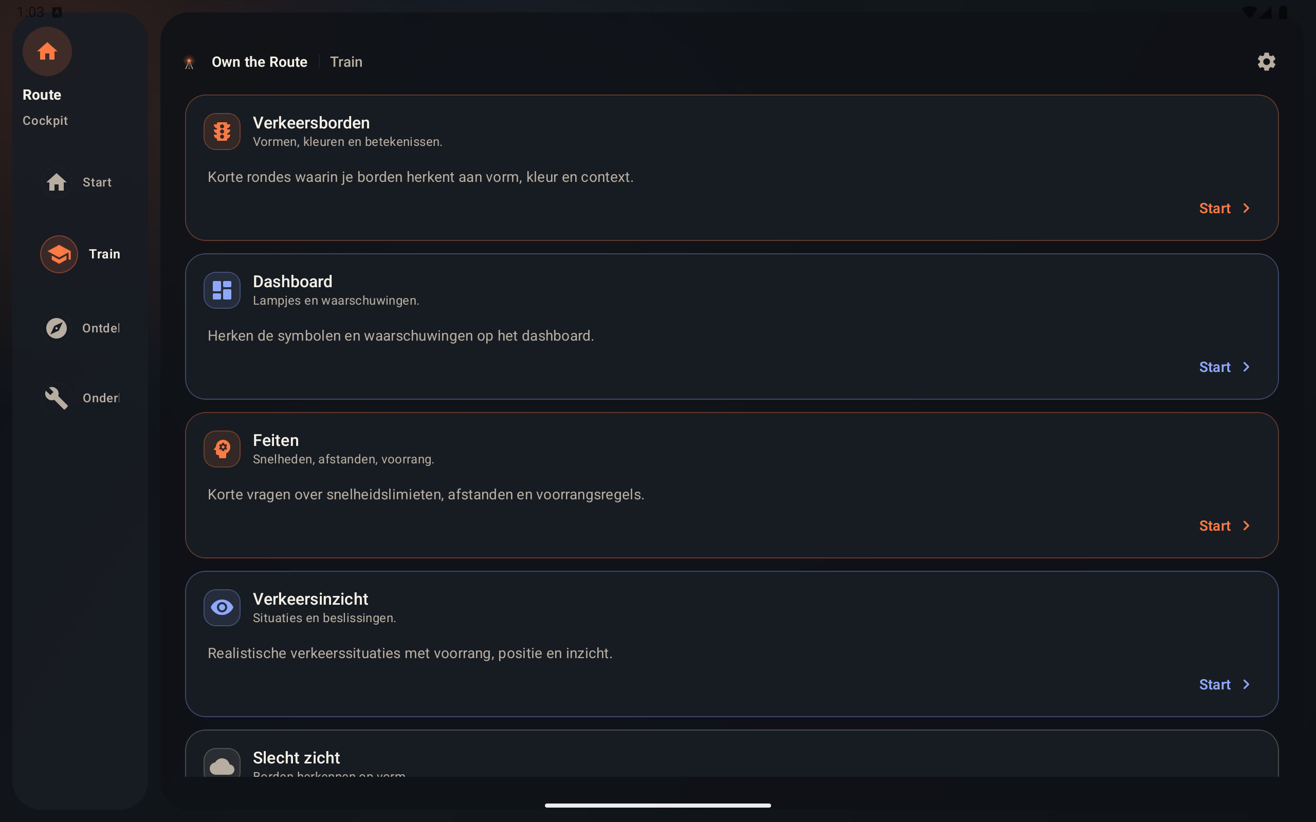 Own the Route op een Android-tablet, scherm 1 van 6